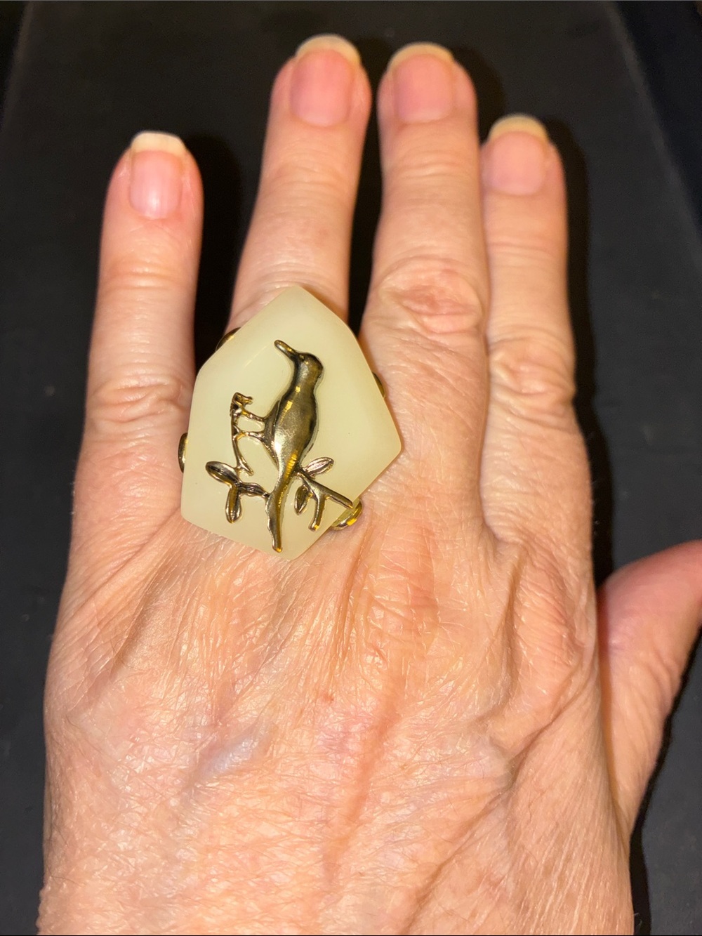 Cream Resin Ring with Silver Bird Accent